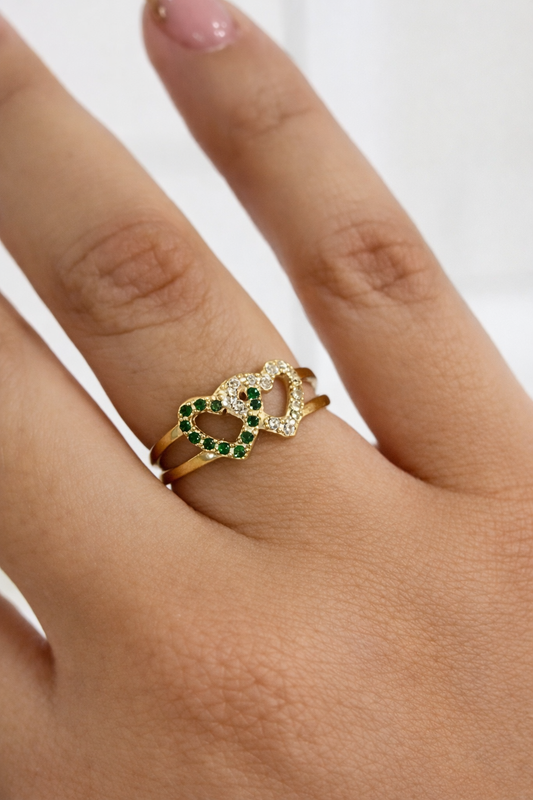 Double Heart Ring in 18K Gold with Green and White Zircons
