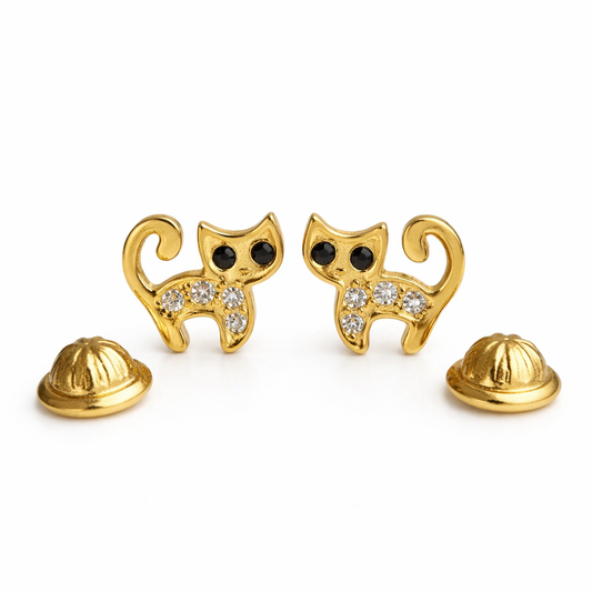 Kitty Stud Earrings – 6mm Gold Cat Earrings with Black & White Zircon
