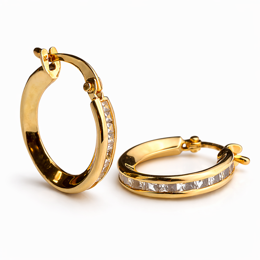 10mm Gold Hoop Earrings with White Zircon – Elegant Everyday Hoops