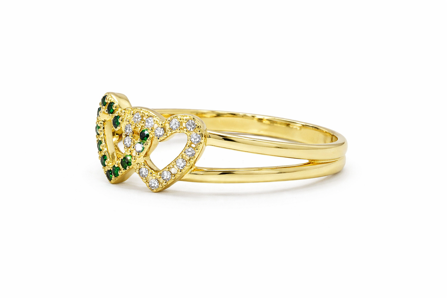 Double Heart Ring in 18K Gold with Green and White Zircons