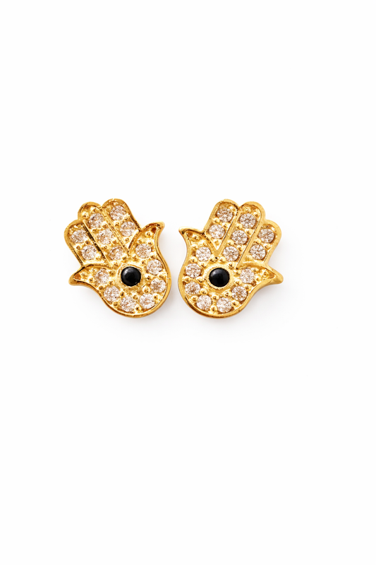 Hamsa Hand Stud with White Zircons & Black Center – 18K Gold
